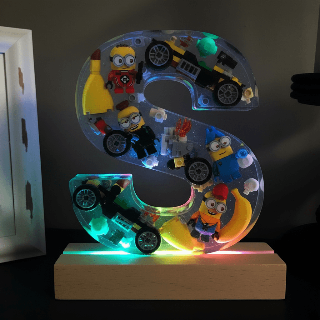 Personalized Minion resin lighted letter S with multicolor LED glow — custom kids night light