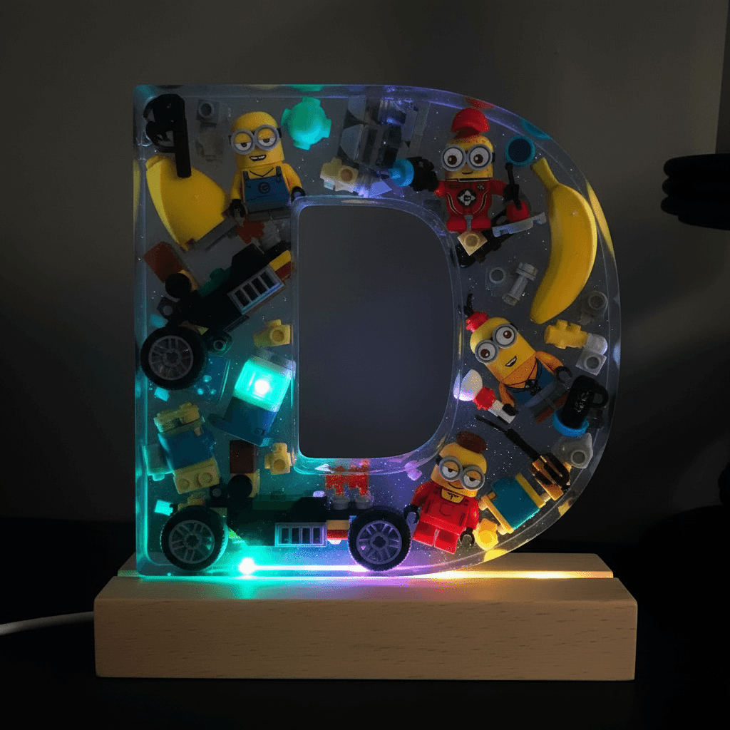 Custom Minion resin lighted letter D with multicolor LEDs — personalized kids gift