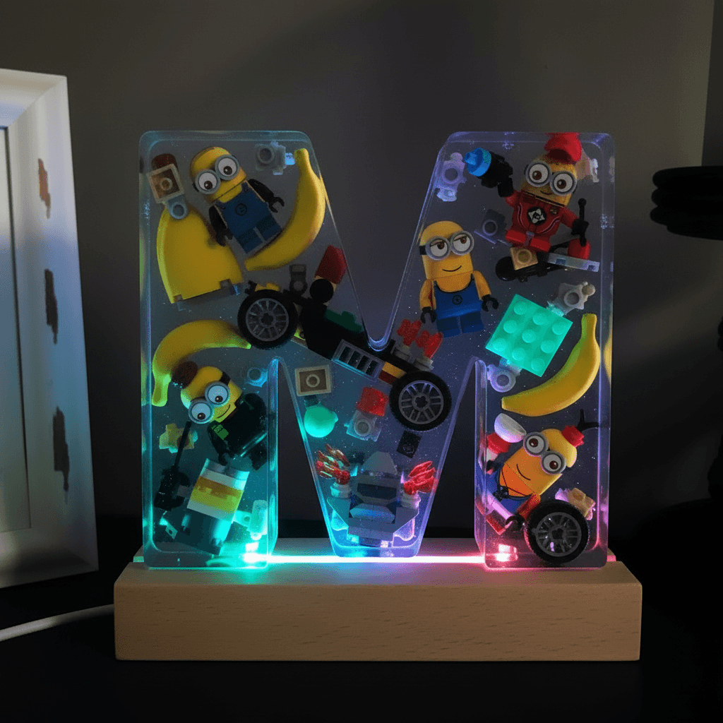 Personalized Minion resin lighted letter M with multicolor LED glow — custom kids night light
