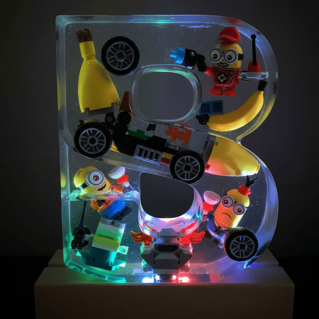 Handmade Minion resin lighted letter B with colorful LED glow — kids night light