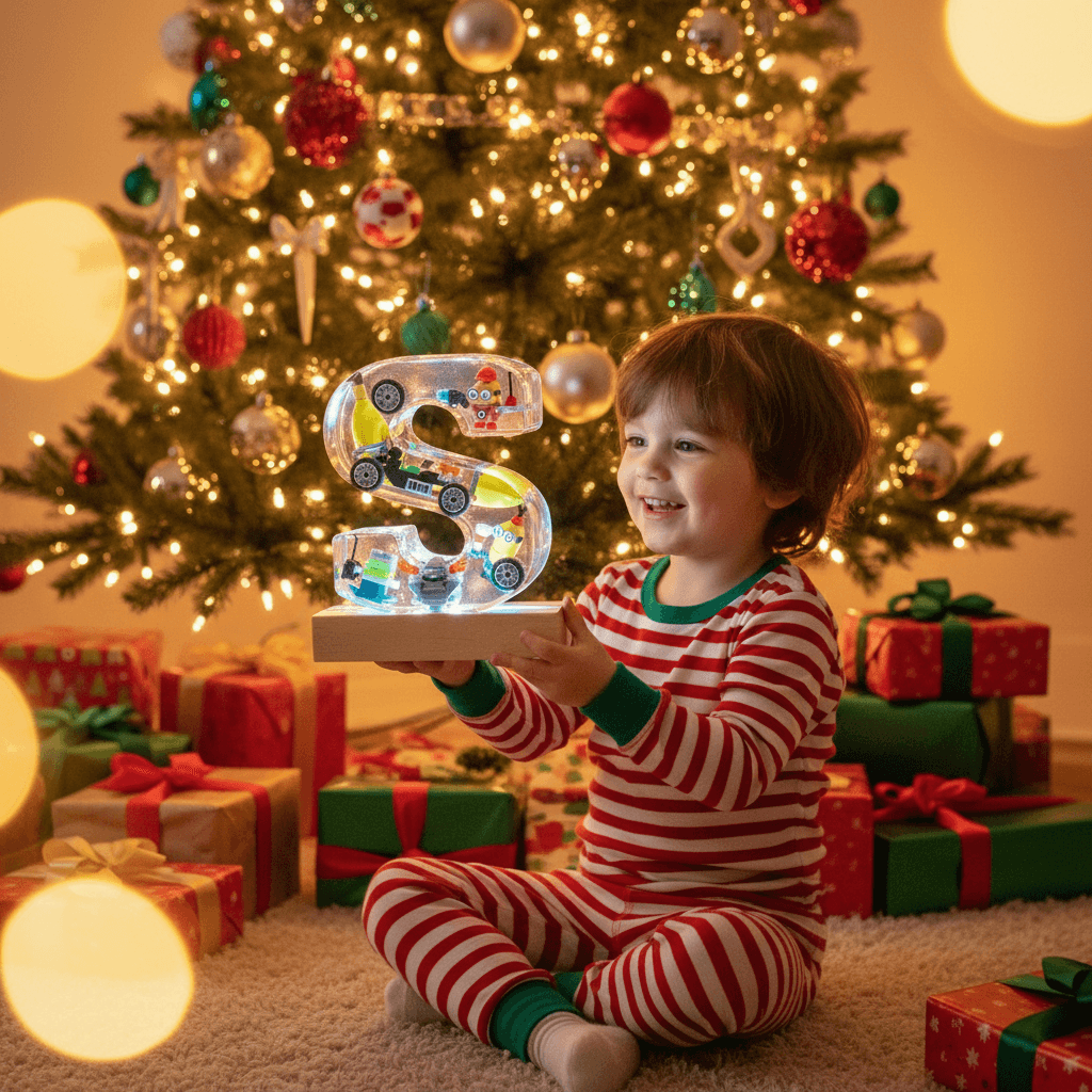 Child in holiday pajamas with Minion resin lighted letter next to Christmas tree