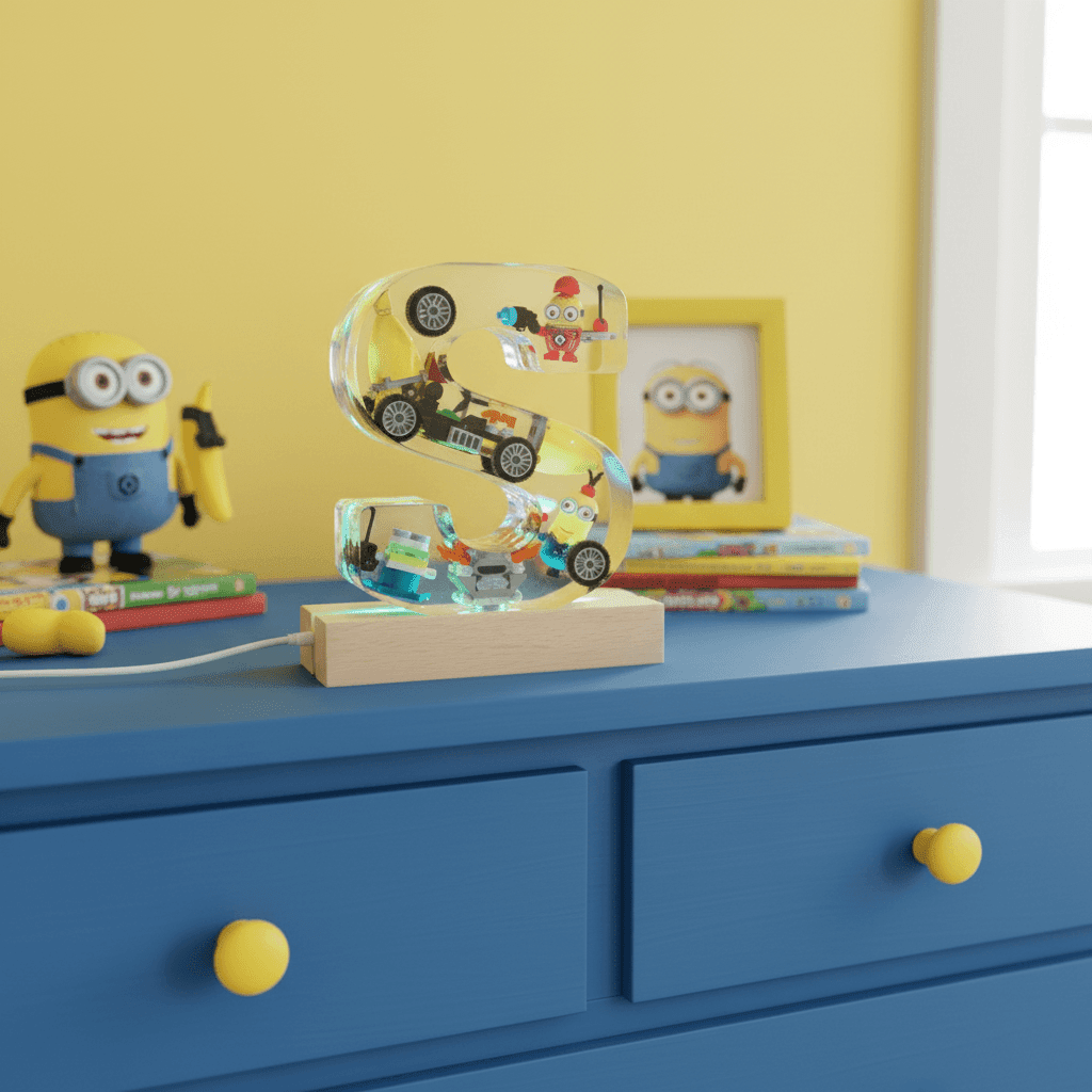 Minion resin personalized lighted letter on yellow dresser in kids room