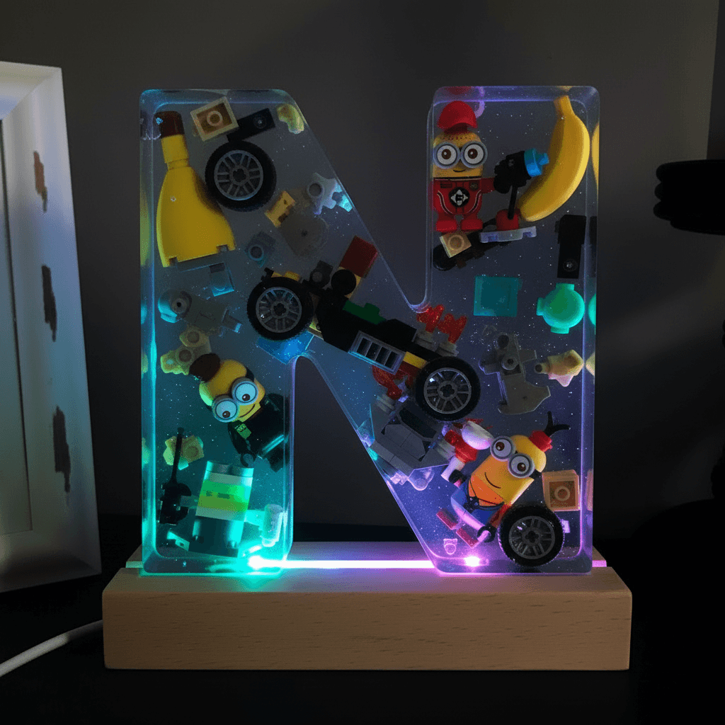 Personalized Minion resin lighted letter N with multicolor LED glow — custom kids night light