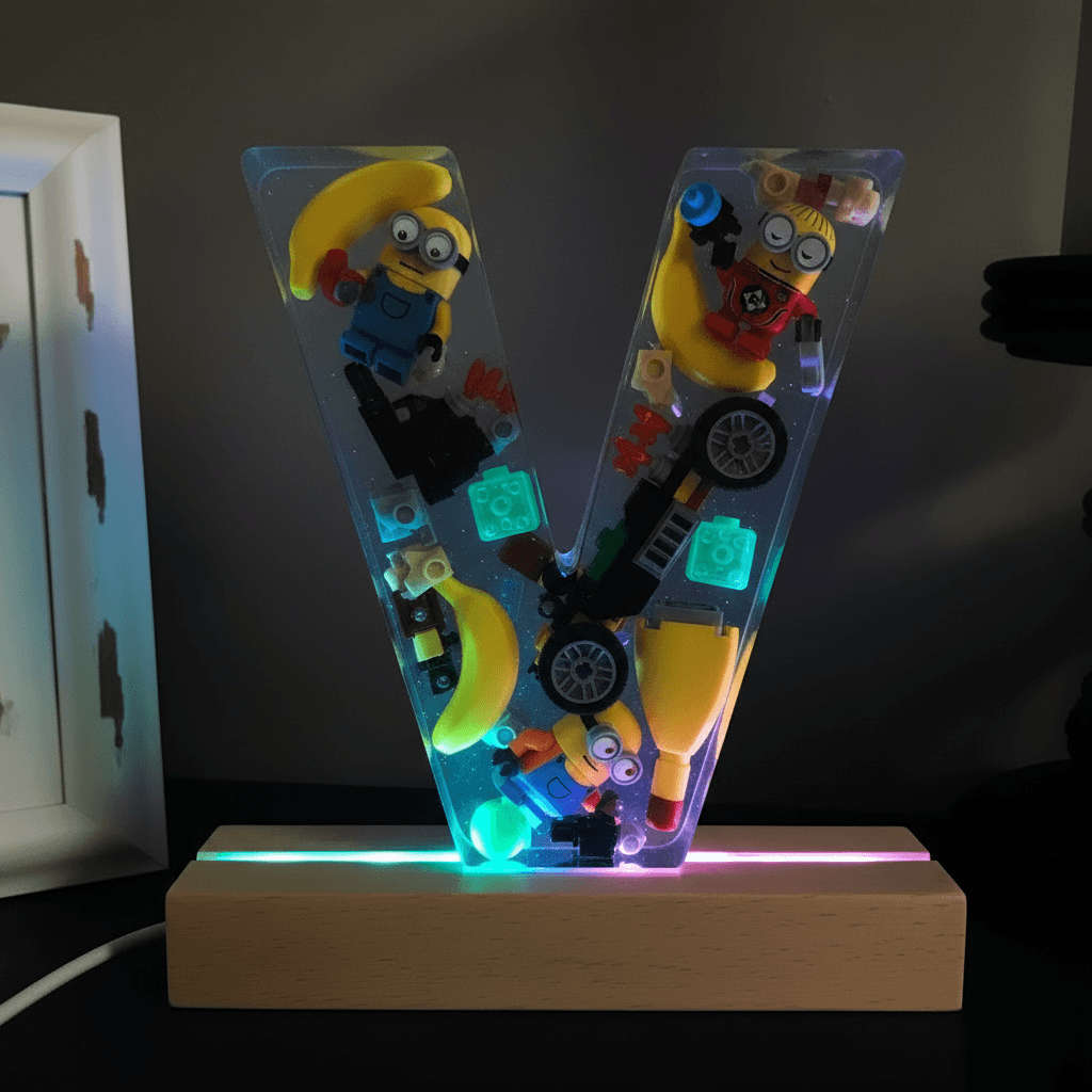 Personalized Minion resin lighted letter V with multicolor LED glow — custom kids night light