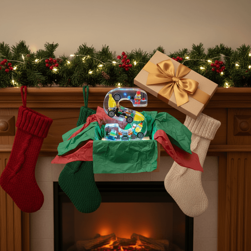 Child in Christmas sweater holding Minion resin lighted letter by fireplace