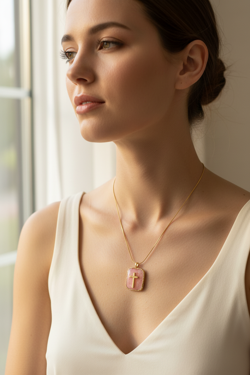 Model wearing cross pendant