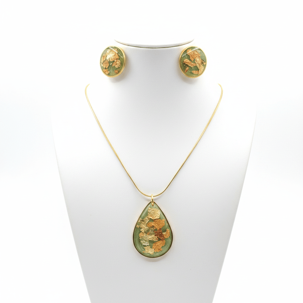 Olive Green Resin Jewelry Set – Teardrop Necklace & Earrings - The Glossy Gift Shop