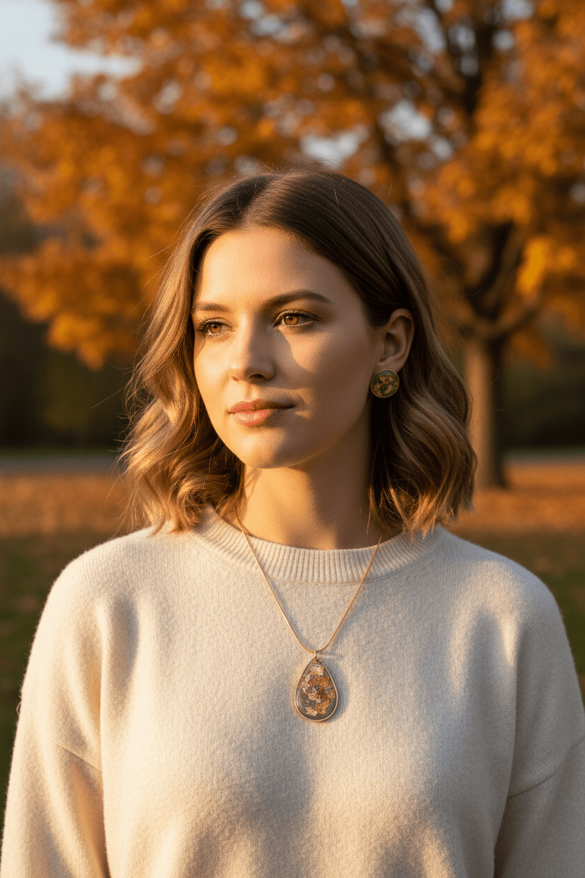 Olive Green Resin Jewelry Set – Teardrop Necklace & Earrings - The Glossy Gift Shop