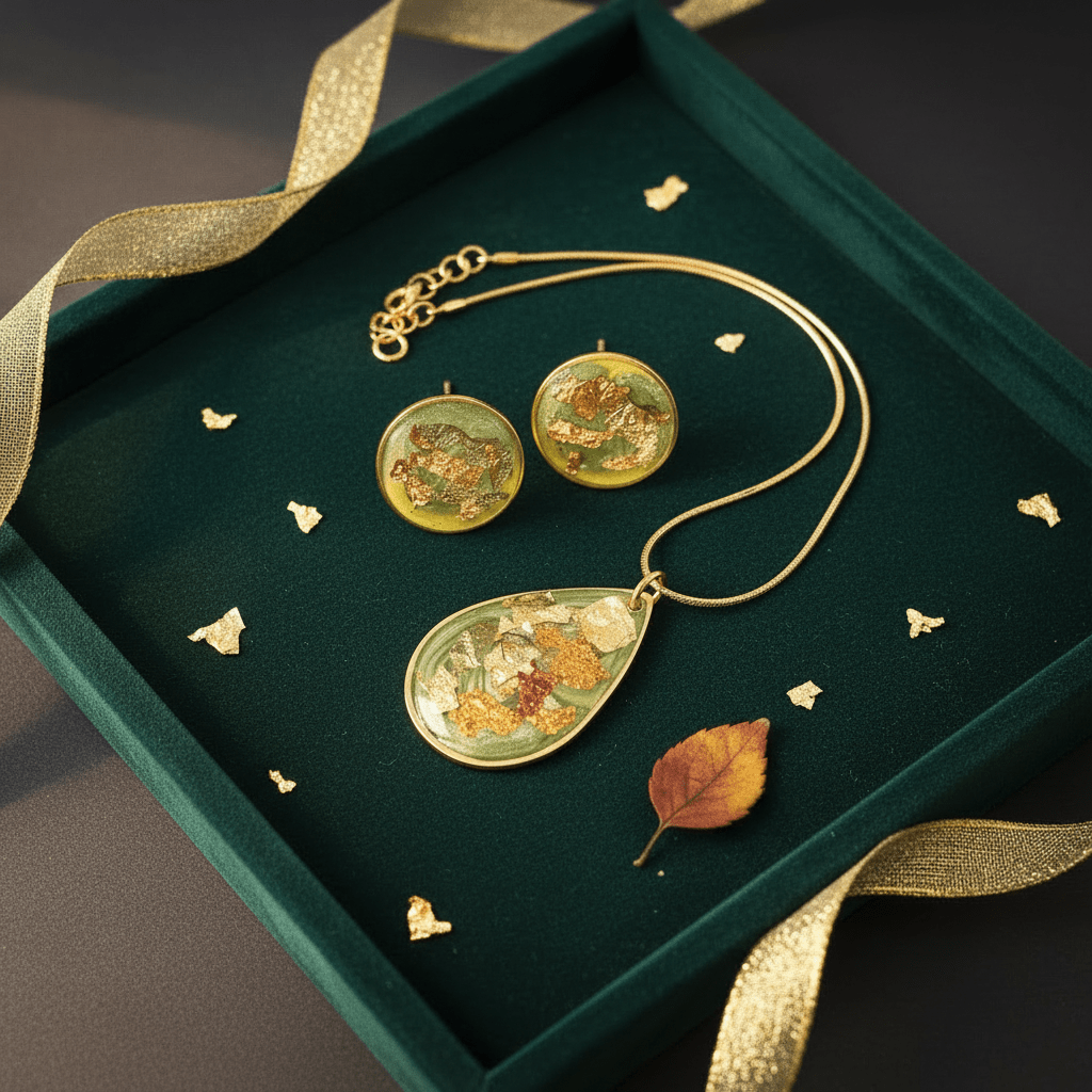 Olive Green Resin Jewelry Set – Teardrop Necklace & Earrings - The Glossy Gift Shop