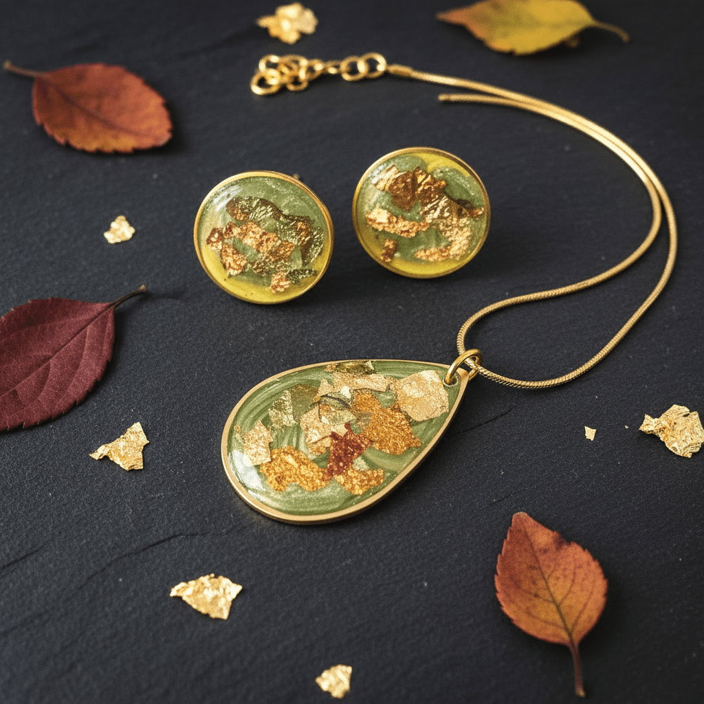 Olive Green Resin Jewelry Set – Teardrop Necklace & Earrings - The Glossy Gift Shop