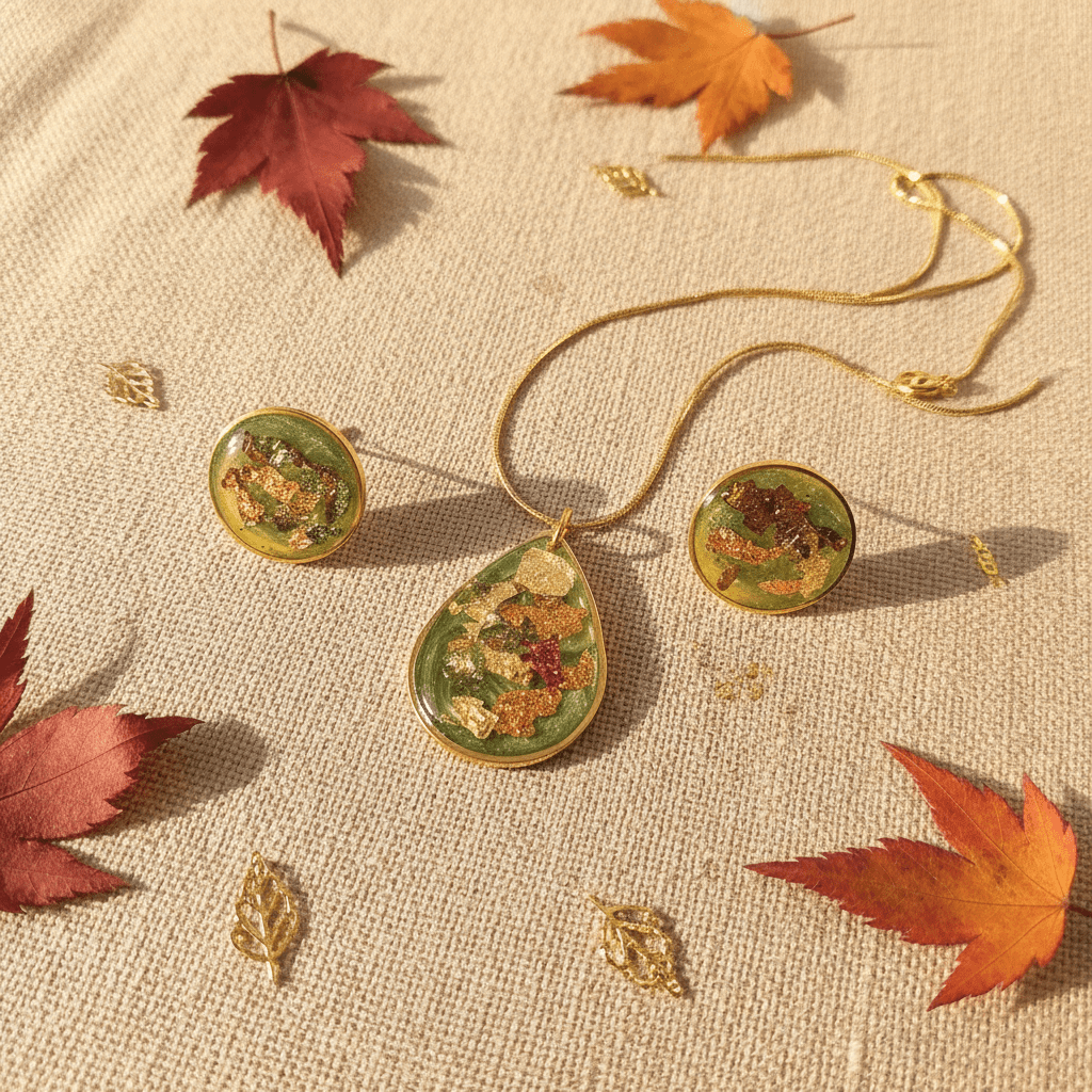 Olive Green Resin Jewelry Set – Teardrop Necklace & Earrings - The Glossy Gift Shop