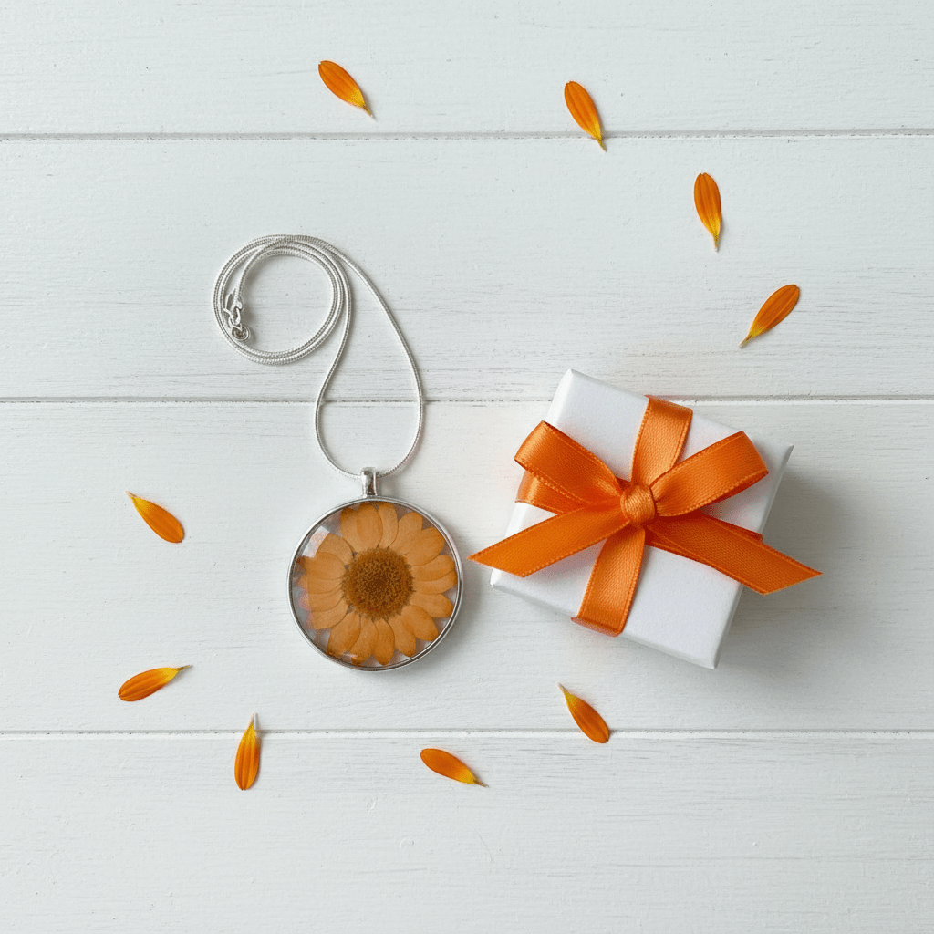Orange Gerbera Daisy Resin Necklace – Pressed Flower Pendant - The Glossy Gift Shop