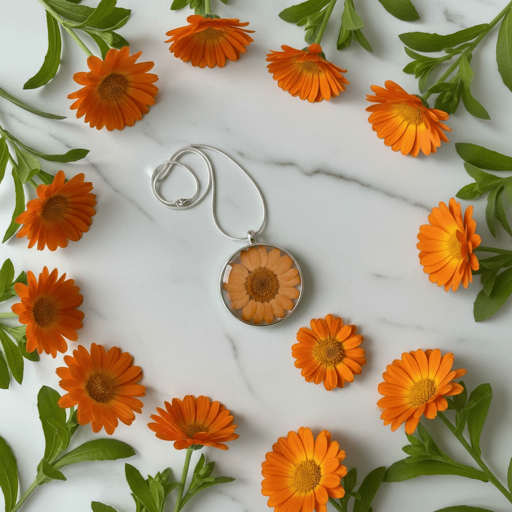 Orange Gerbera Daisy Resin Necklace – Pressed Flower Pendant - The Glossy Gift Shop