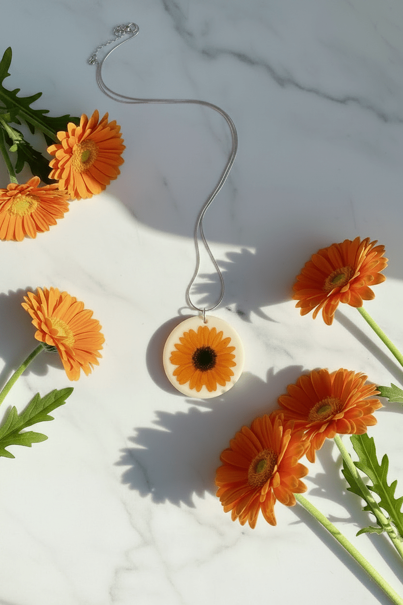 Orange Gerbera Daisy Resin Necklace – Pressed Flower Pendant - The Glossy Gift Shop