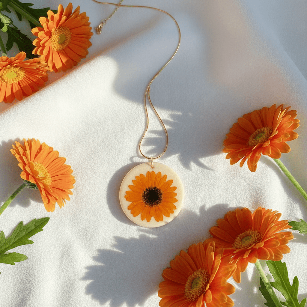 Orange Gerbera Daisy Resin Necklace – Pressed Flower Pendant - The Glossy Gift Shop