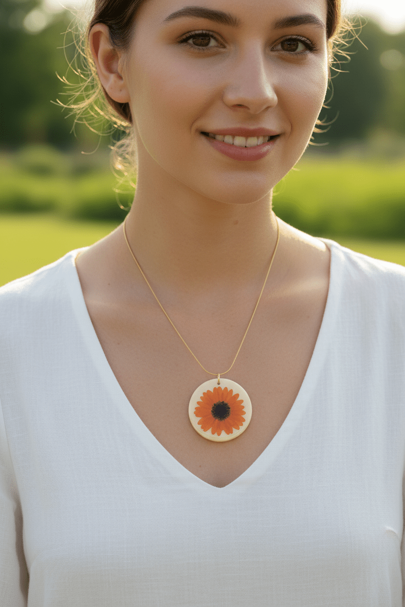Orange Gerbera Daisy Resin Necklace – Pressed Flower Pendant - The Glossy Gift Shop