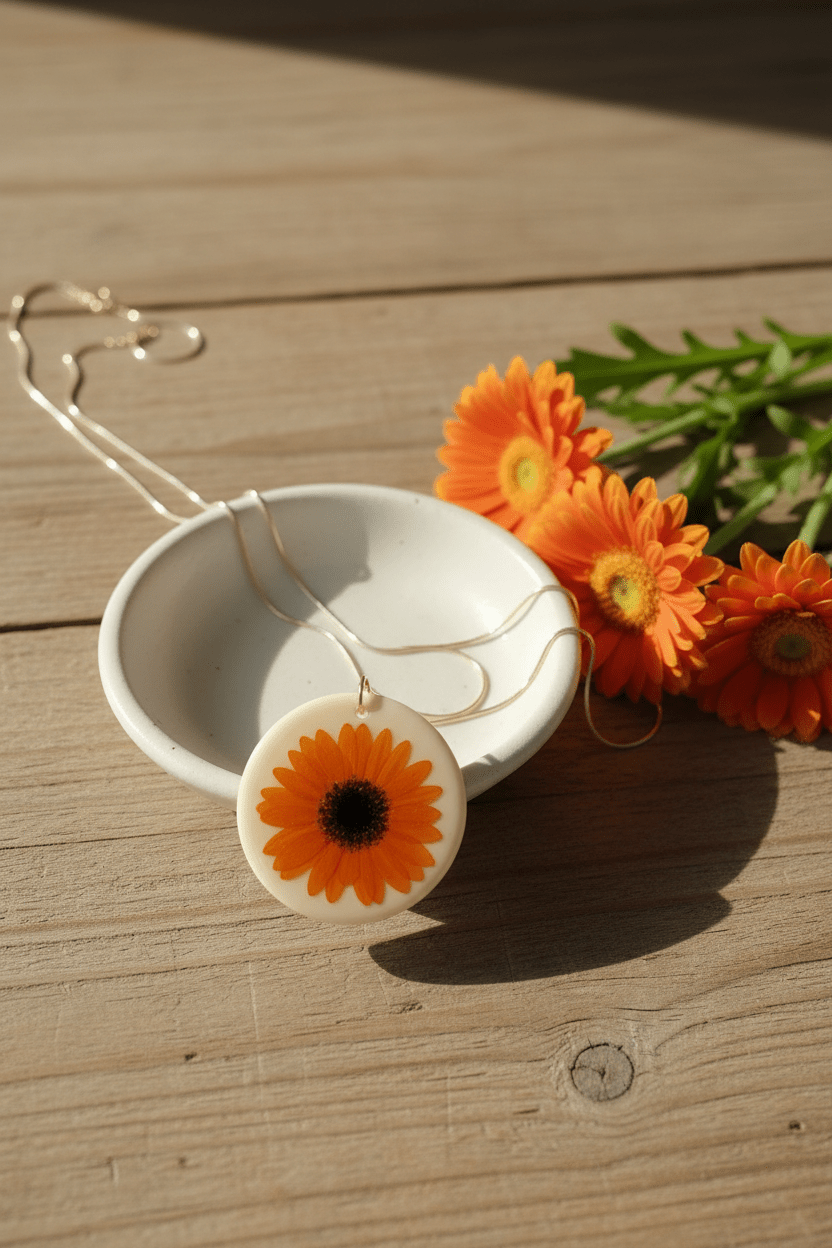 Orange Gerbera Daisy Resin Necklace – Pressed Flower Pendant - The Glossy Gift Shop