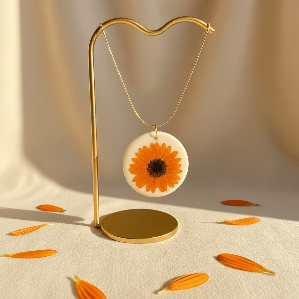 Orange Gerbera Daisy Resin Necklace – Pressed Flower Pendant - The Glossy Gift Shop