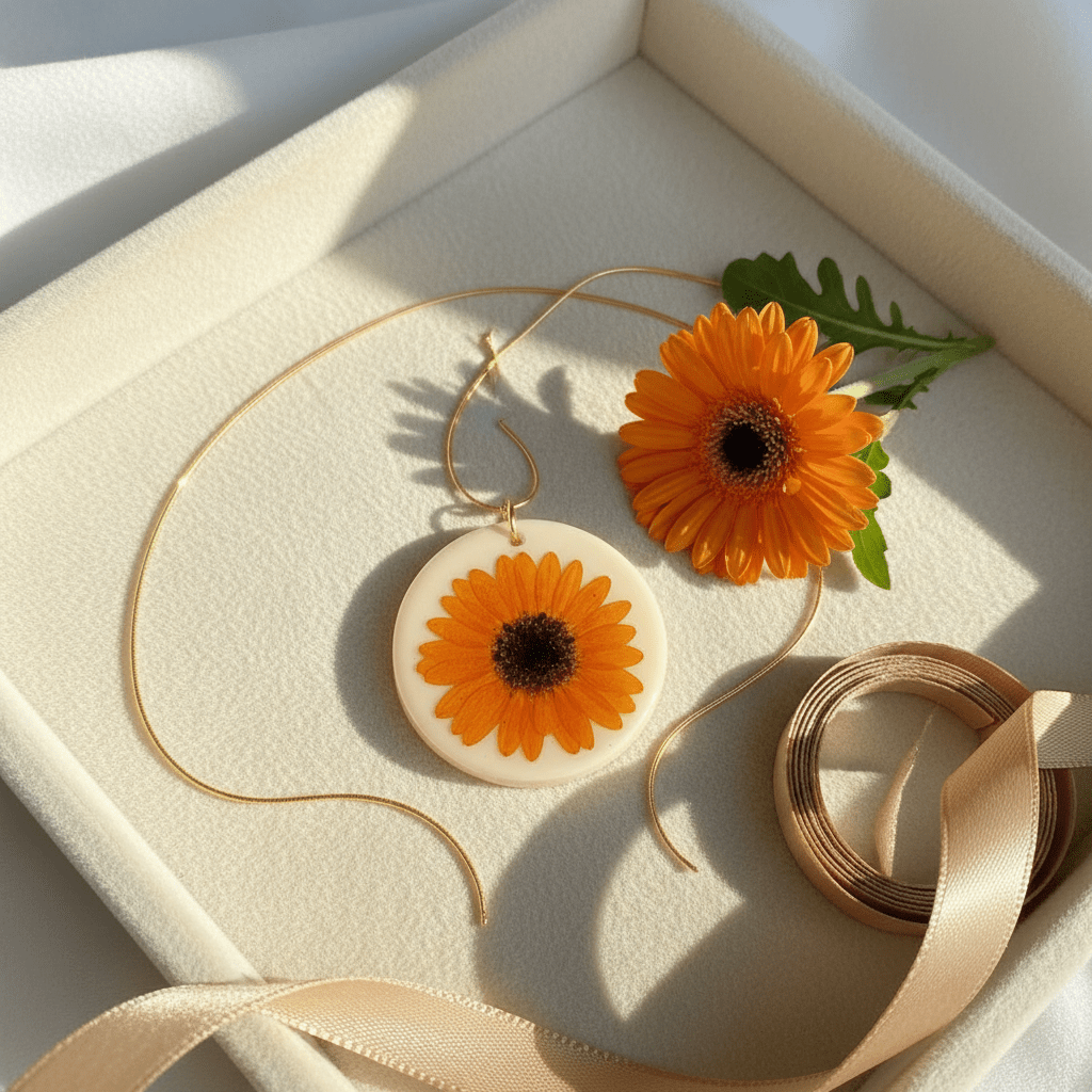 Orange Gerbera Daisy Resin Necklace – Pressed Flower Pendant - The Glossy Gift Shop