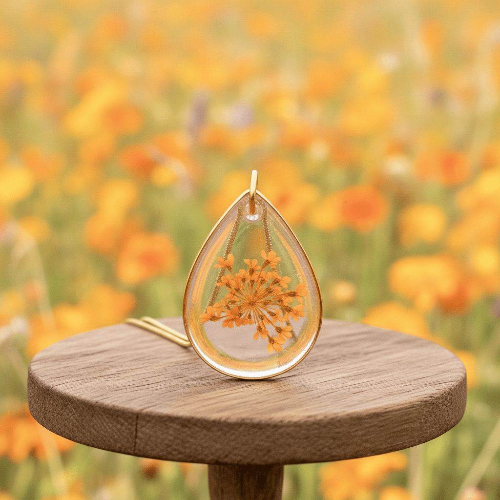 Orange Queen Anne’s Lace Resin Necklace – Pressed Flower Pendant - The Glossy Gift Shop