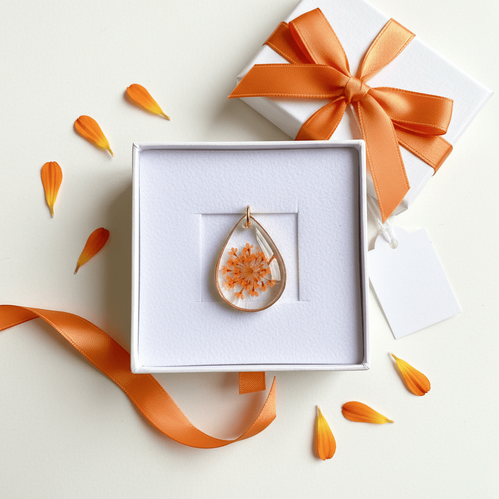 Orange Queen Anne’s Lace Resin Necklace – Pressed Flower Pendant - The Glossy Gift Shop