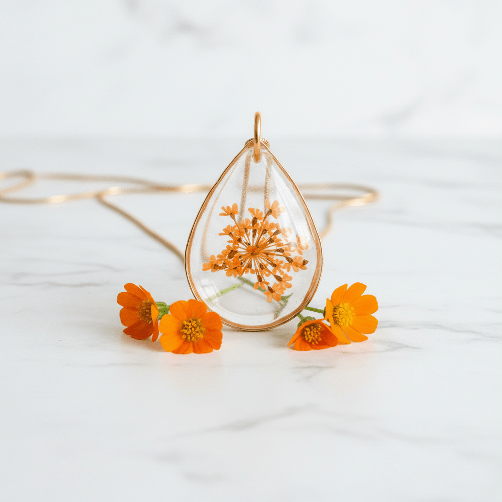 Orange Queen Anne’s Lace Resin Necklace – Pressed Flower Pendant - The Glossy Gift Shop