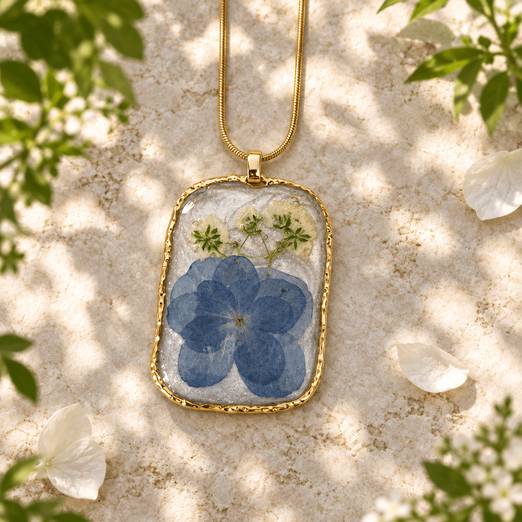 Organic Bloom Blue Pressed Flower Resin Pendant Necklace - The Glossy Gift Shop