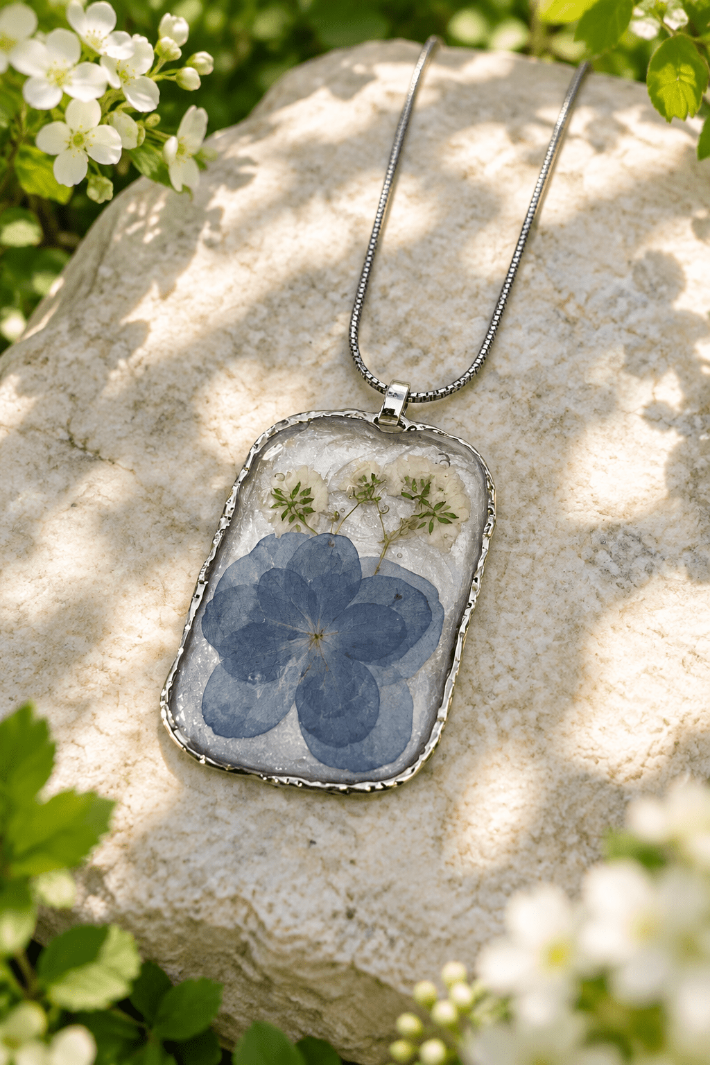 Organic Bloom Blue Pressed Flower Resin Pendant Necklace - The Glossy Gift Shop