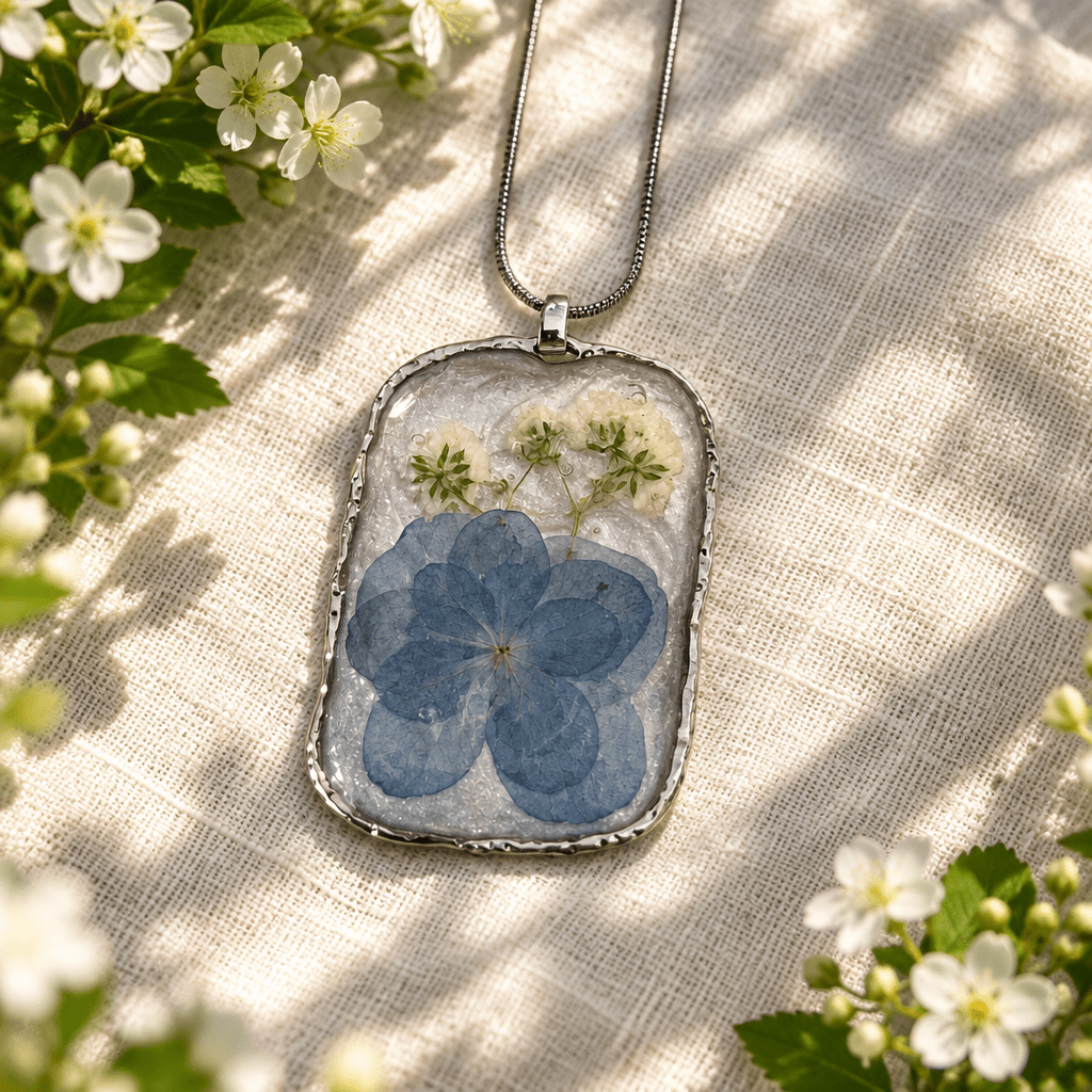 Organic Bloom Blue Pressed Flower Resin Pendant Necklace - The Glossy Gift Shop