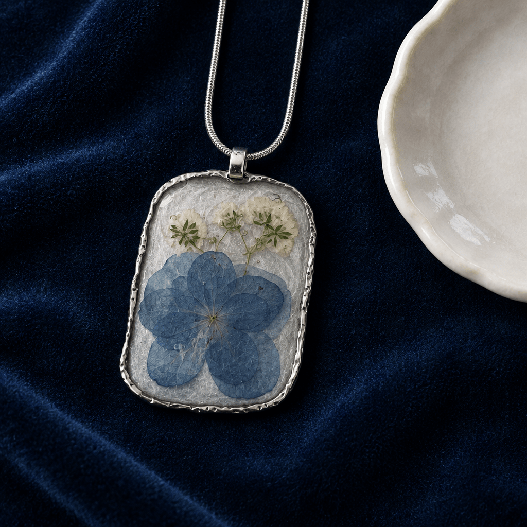 Organic Bloom Blue Pressed Flower Resin Pendant Necklace - The Glossy Gift Shop