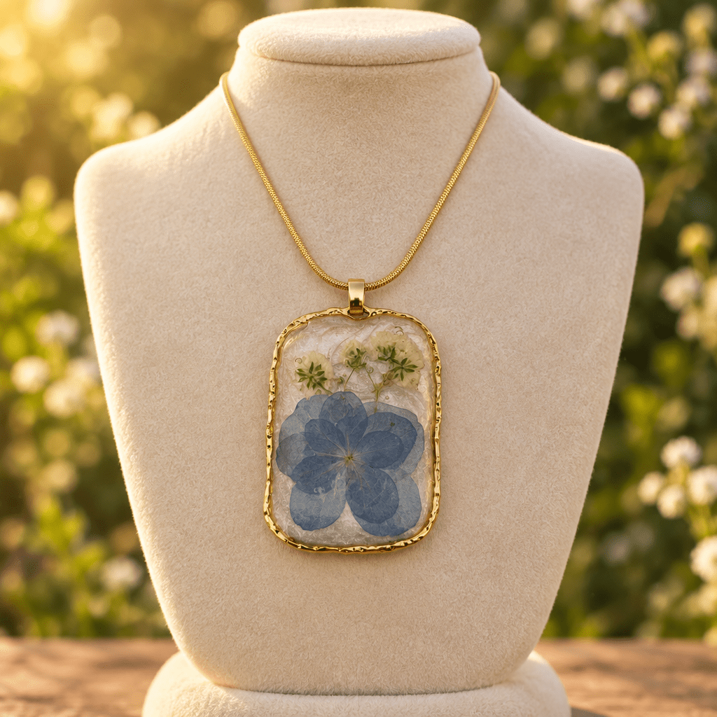 Organic Bloom Blue Pressed Flower Resin Pendant Necklace - The Glossy Gift Shop