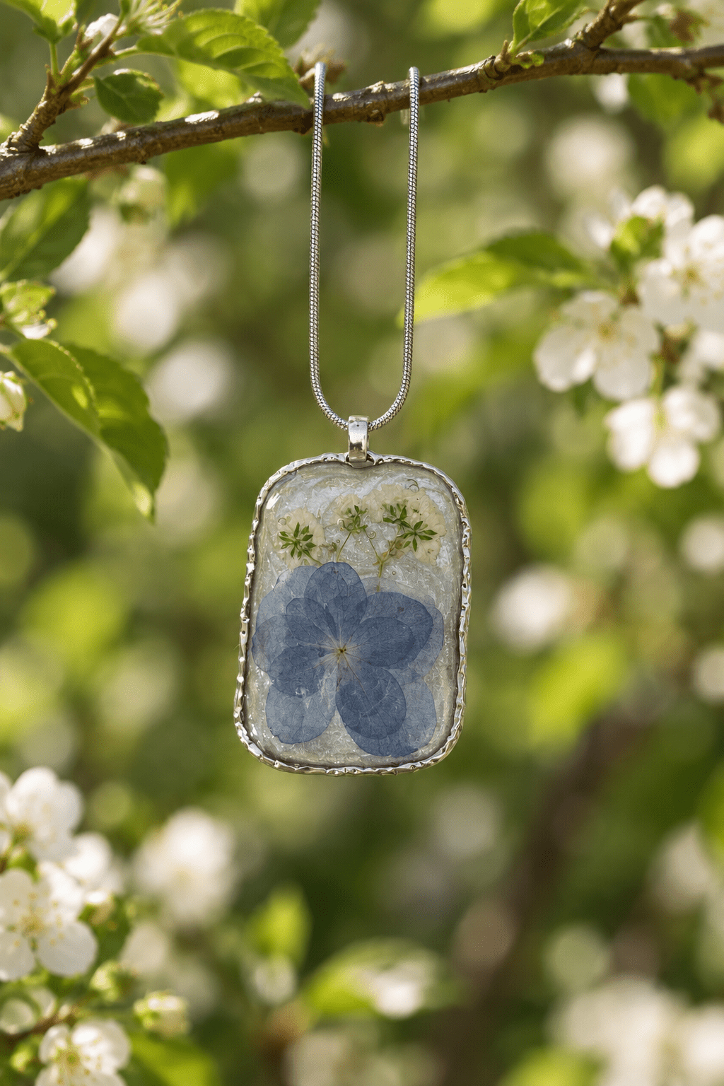 Organic Bloom Blue Pressed Flower Resin Pendant Necklace - The Glossy Gift Shop
