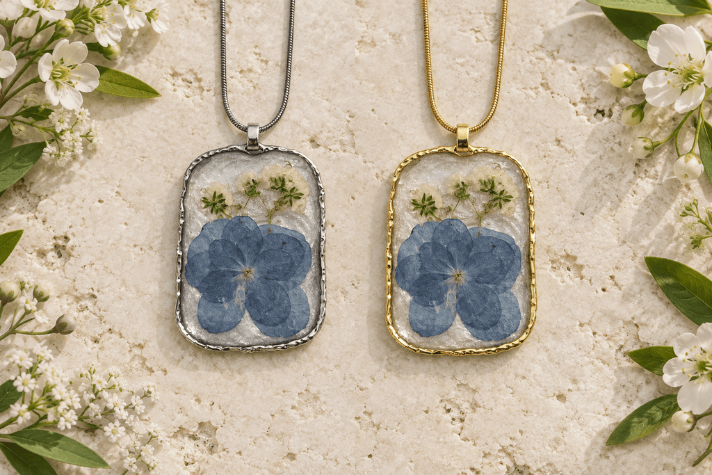 Organic Bloom Blue Pressed Flower Resin Pendant Necklace - The Glossy Gift Shop