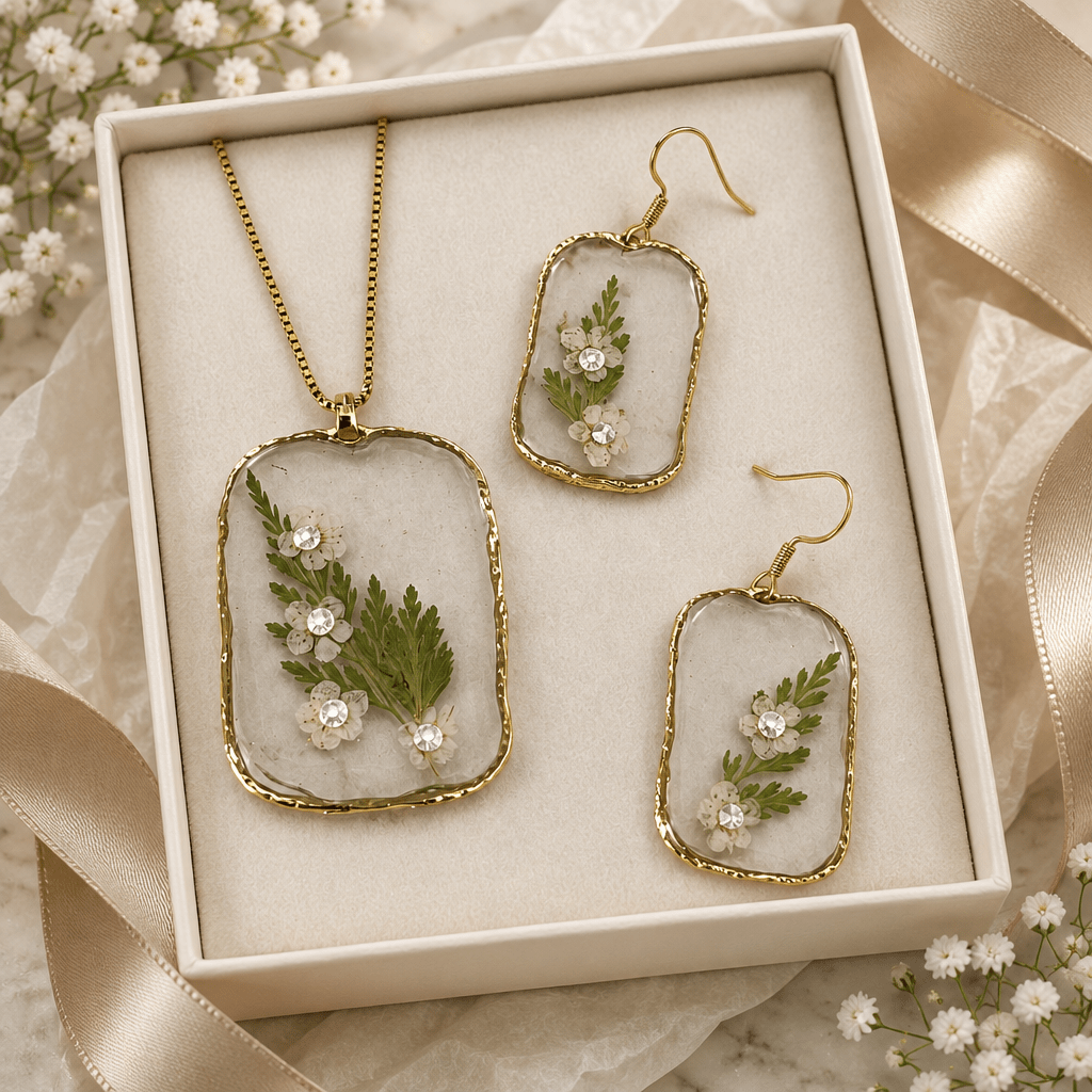 Organic Bloom Bridal Jewelry Set – Pressed Flower Necklace & Earrings - The Glossy Gift Shop