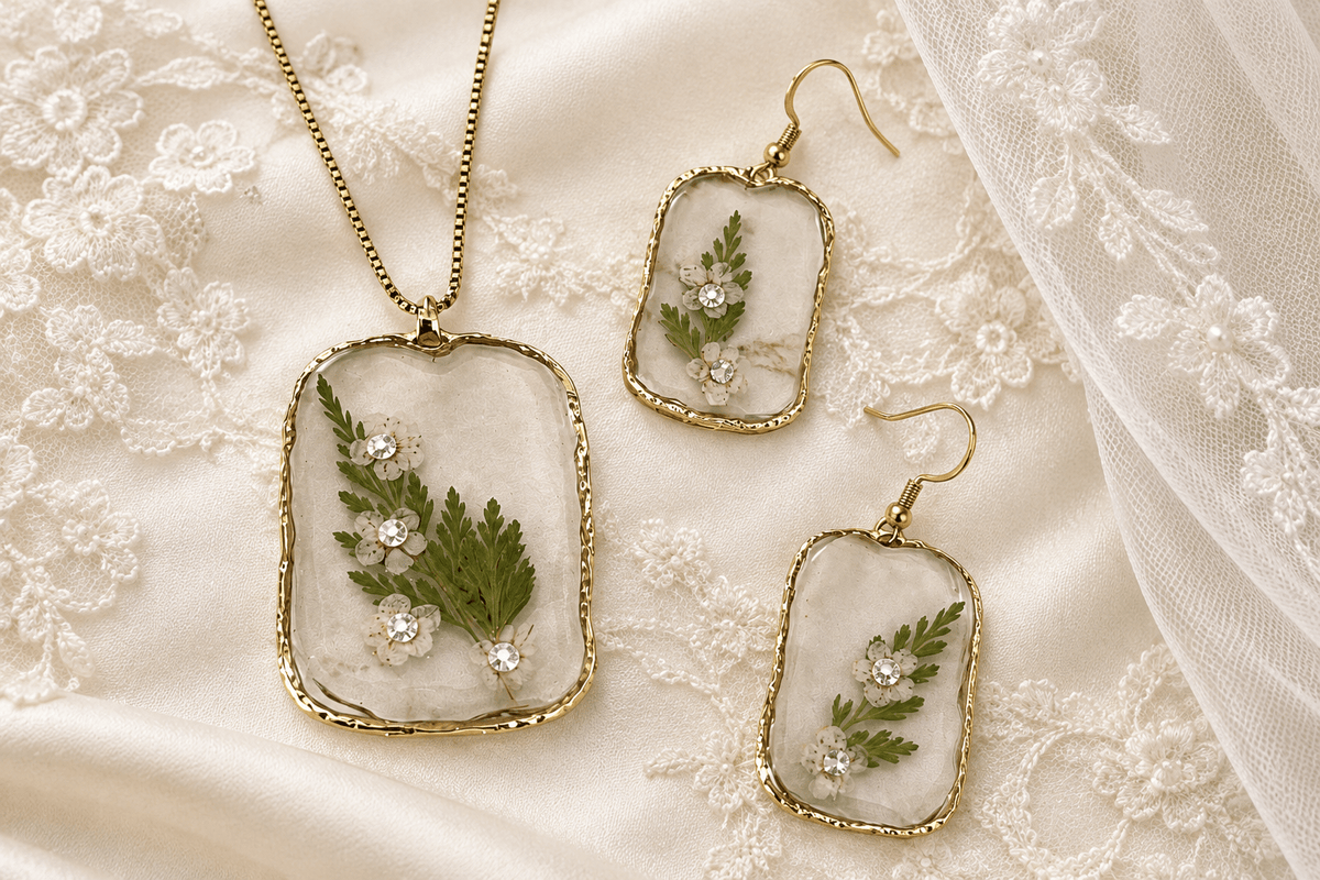 Organic Bloom Bridal Jewelry Set – Pressed Flower Necklace & Earrings - The Glossy Gift Shop