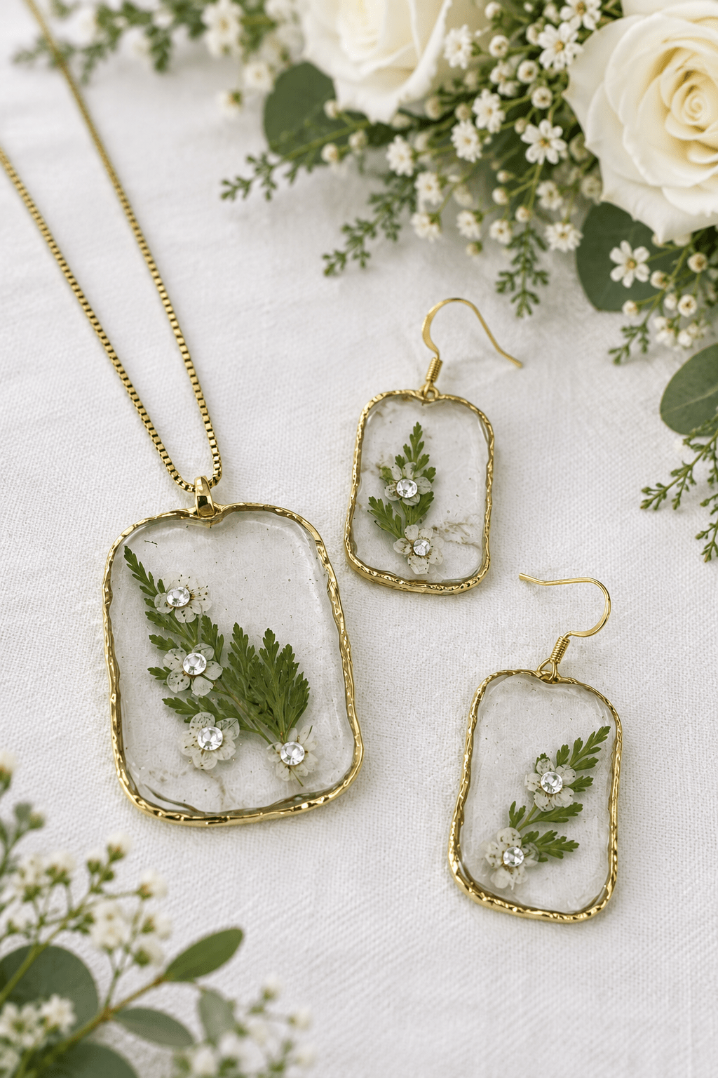 Organic Bloom Bridal Jewelry Set – Pressed Flower Necklace & Earrings - The Glossy Gift Shop