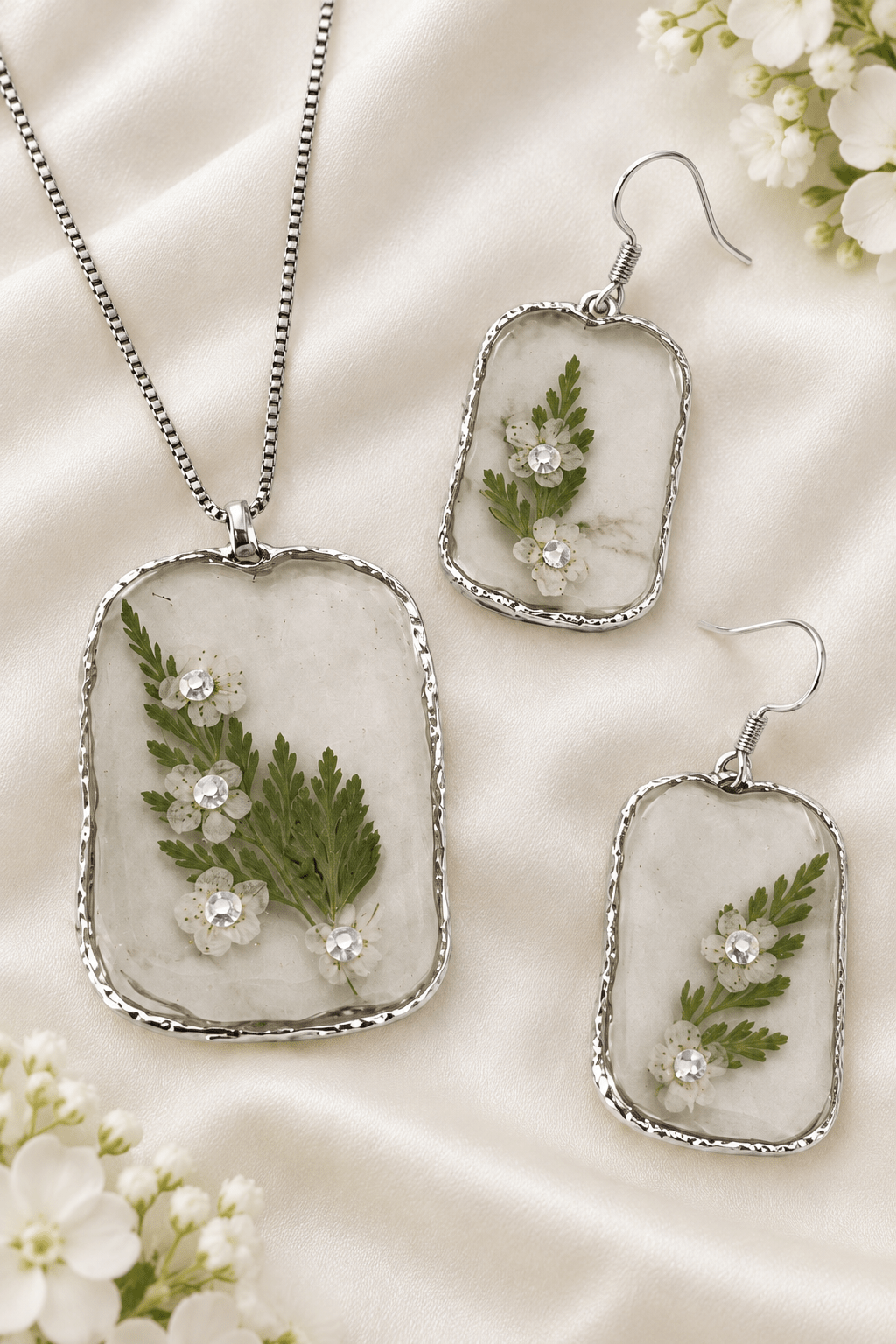 Organic Bloom Bridal Jewelry Set – Pressed Flower Necklace & Earrings - The Glossy Gift Shop