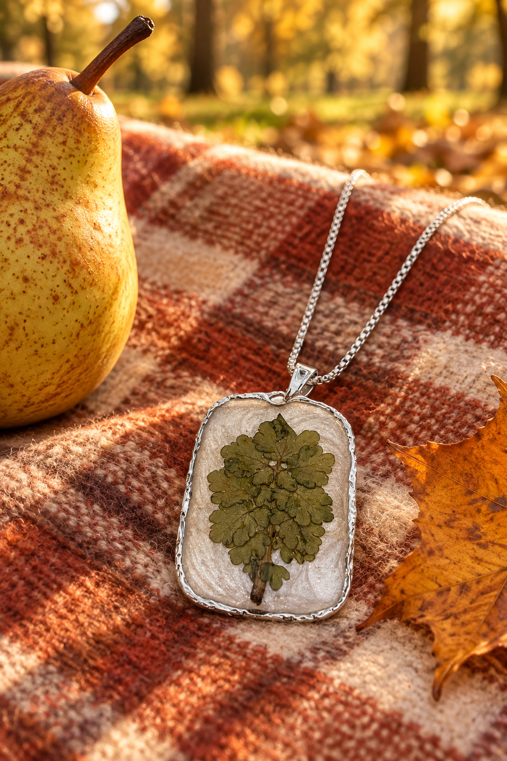 Organic Bloom Green Botanical Resin Pendant Necklace – Gold or Silver Tone - The Glossy Gift Shop