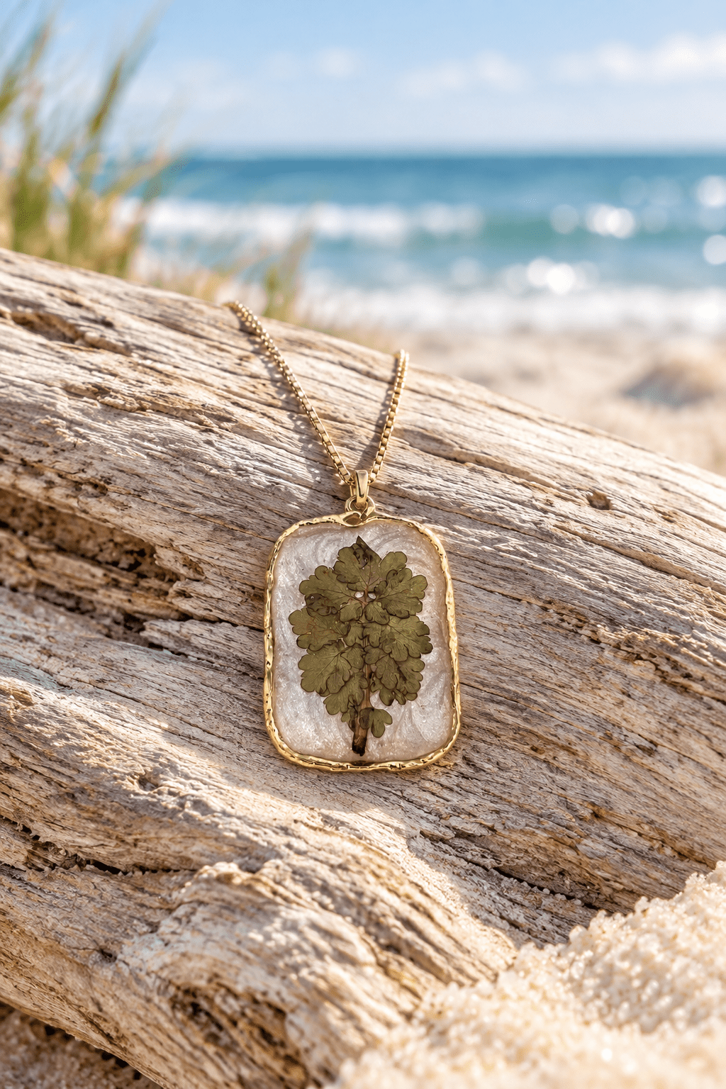 Organic Bloom Green Botanical Resin Pendant Necklace – Gold or Silver Tone - The Glossy Gift Shop