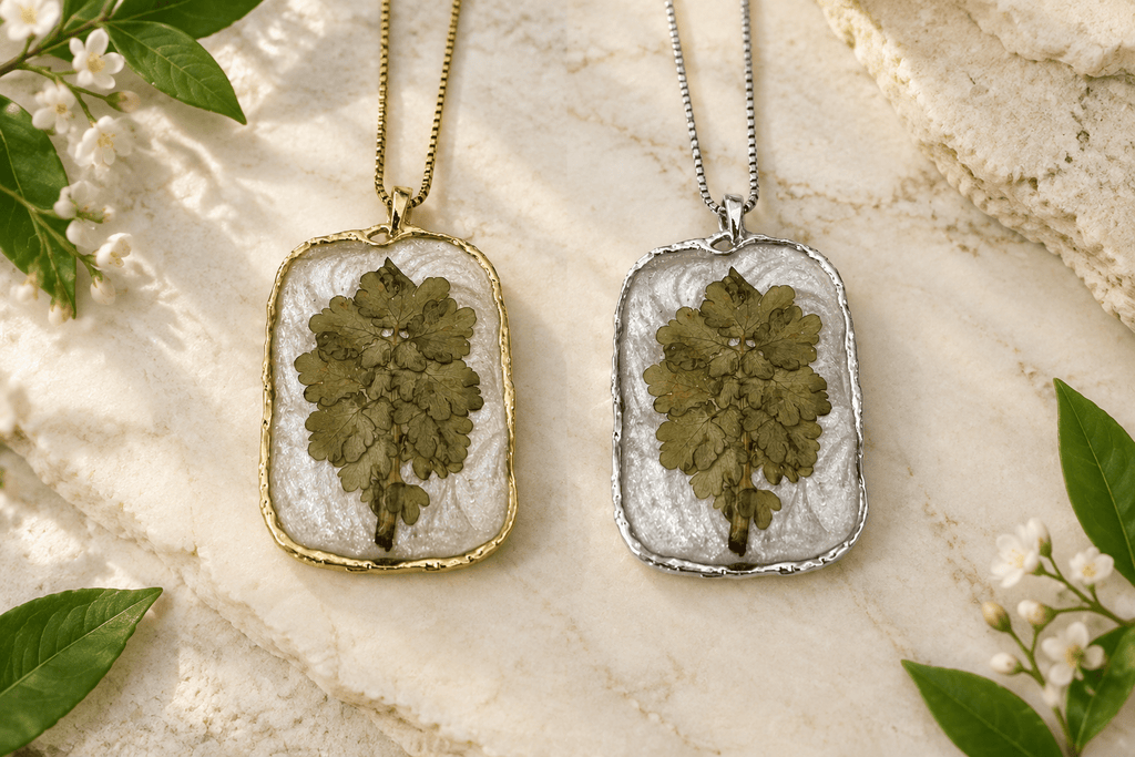 Organic Bloom Green Botanical Resin Pendant Necklace – Gold or Silver Tone - The Glossy Gift Shop