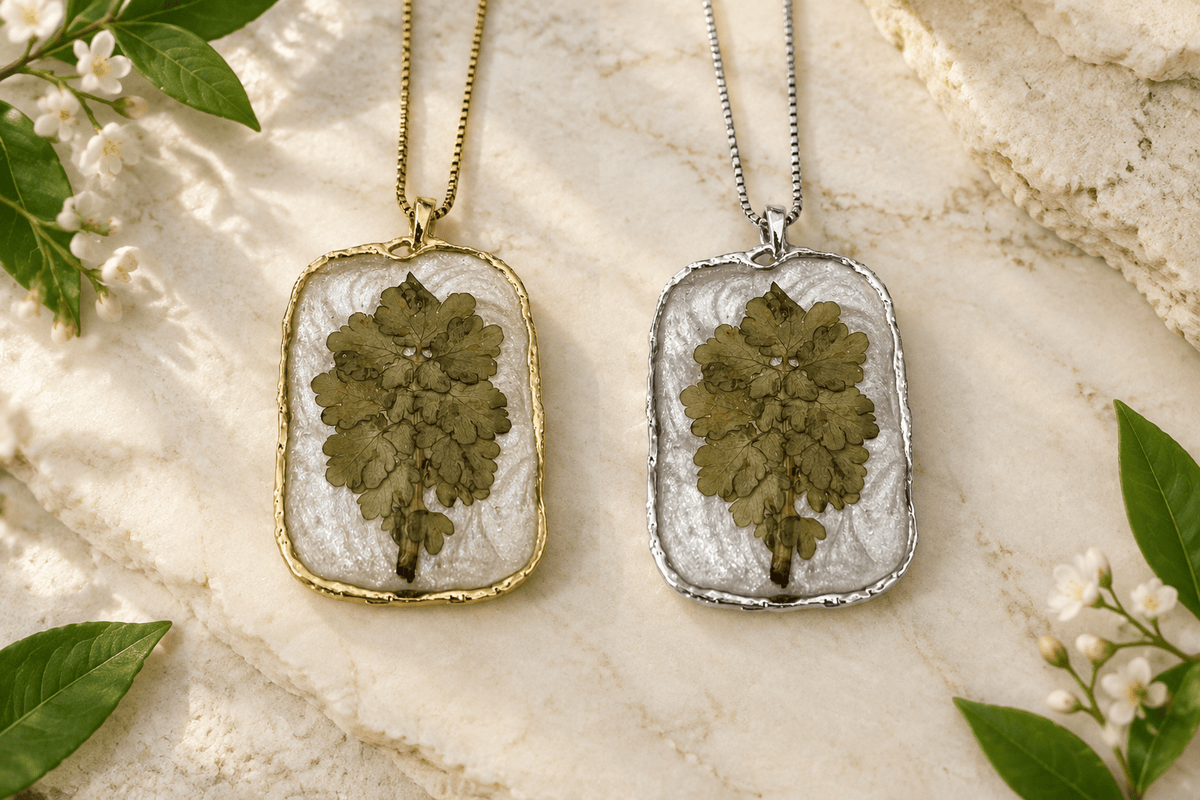 Organic Bloom Green Botanical Resin Pendant Necklace – Gold or Silver Tone - The Glossy Gift Shop