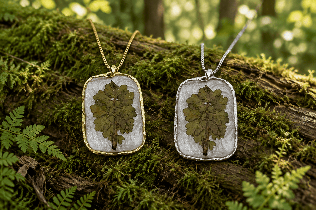 Organic Bloom Green Botanical Resin Pendant Necklace – Gold or Silver Tone - The Glossy Gift Shop