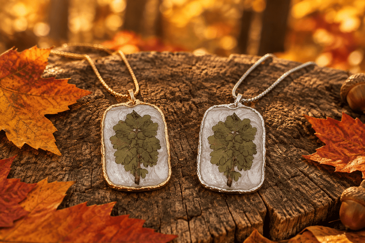 Organic Bloom Green Botanical Resin Pendant Necklace – Gold or Silver Tone - The Glossy Gift Shop
