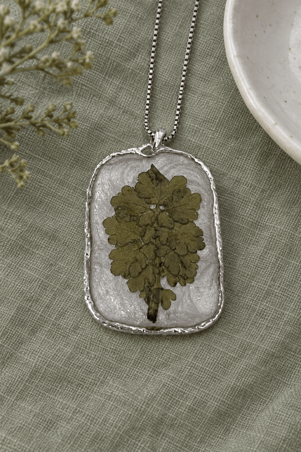 Organic Bloom Green Botanical Resin Pendant Necklace – Gold or Silver Tone - The Glossy Gift Shop