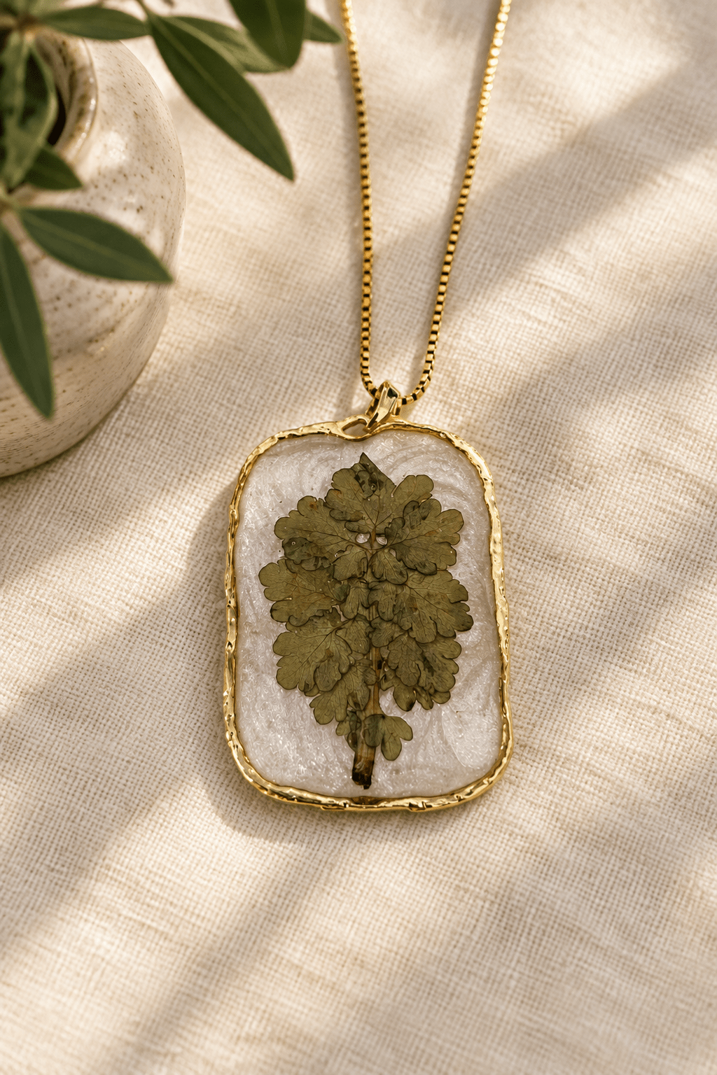 Organic Bloom Green Botanical Resin Pendant Necklace – Gold or Silver Tone - The Glossy Gift Shop