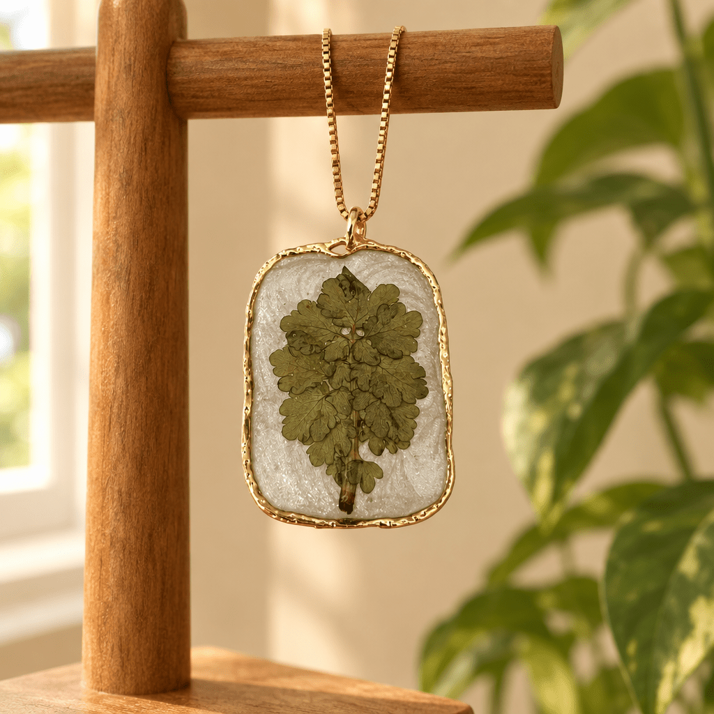 Organic Bloom Green Botanical Resin Pendant Necklace – Gold or Silver Tone - The Glossy Gift Shop