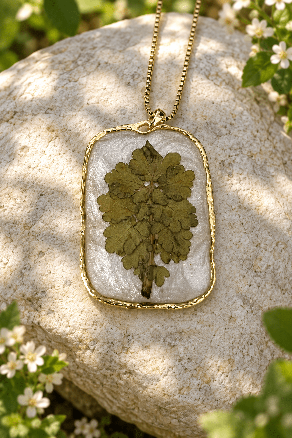 Organic Bloom Green Botanical Resin Pendant Necklace – Gold or Silver Tone - The Glossy Gift Shop