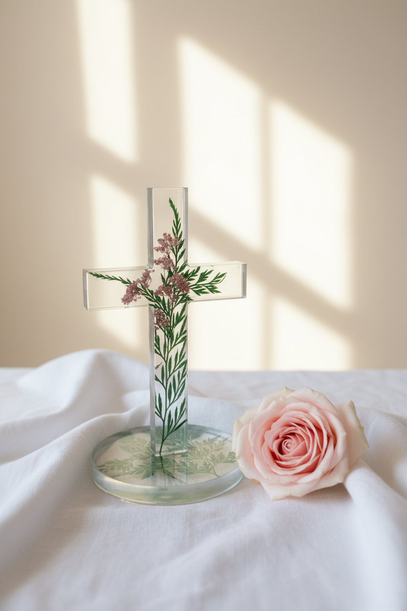 Personalized Floral Standing Cross - Soft Light