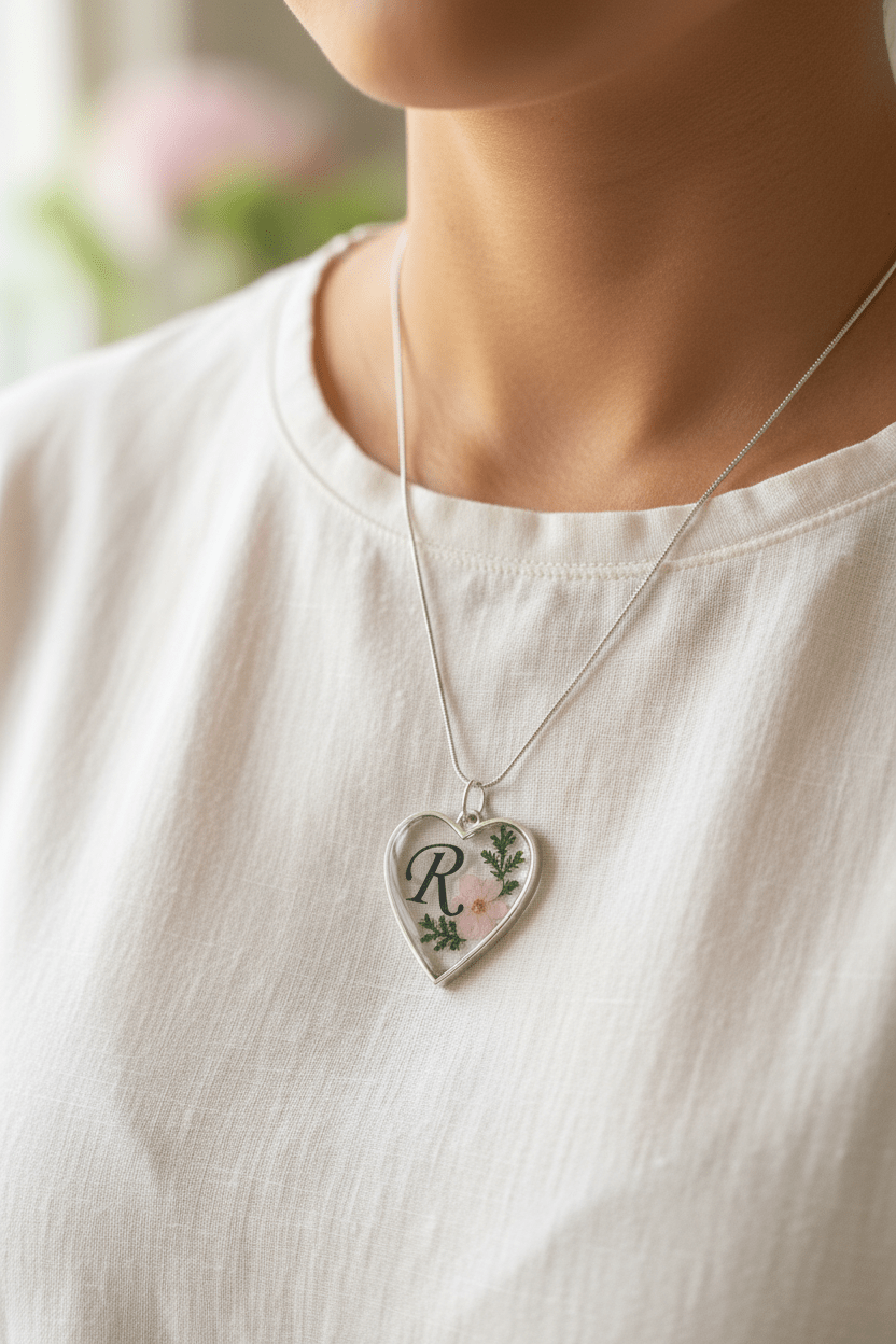 Personalized Initial Heart Resin Necklace – Pressed Flower Pendant - The Glossy Gift Shop