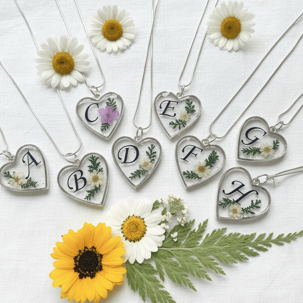 Personalized Initial Heart Resin Necklace – Pressed Flower Pendant - The Glossy Gift Shop